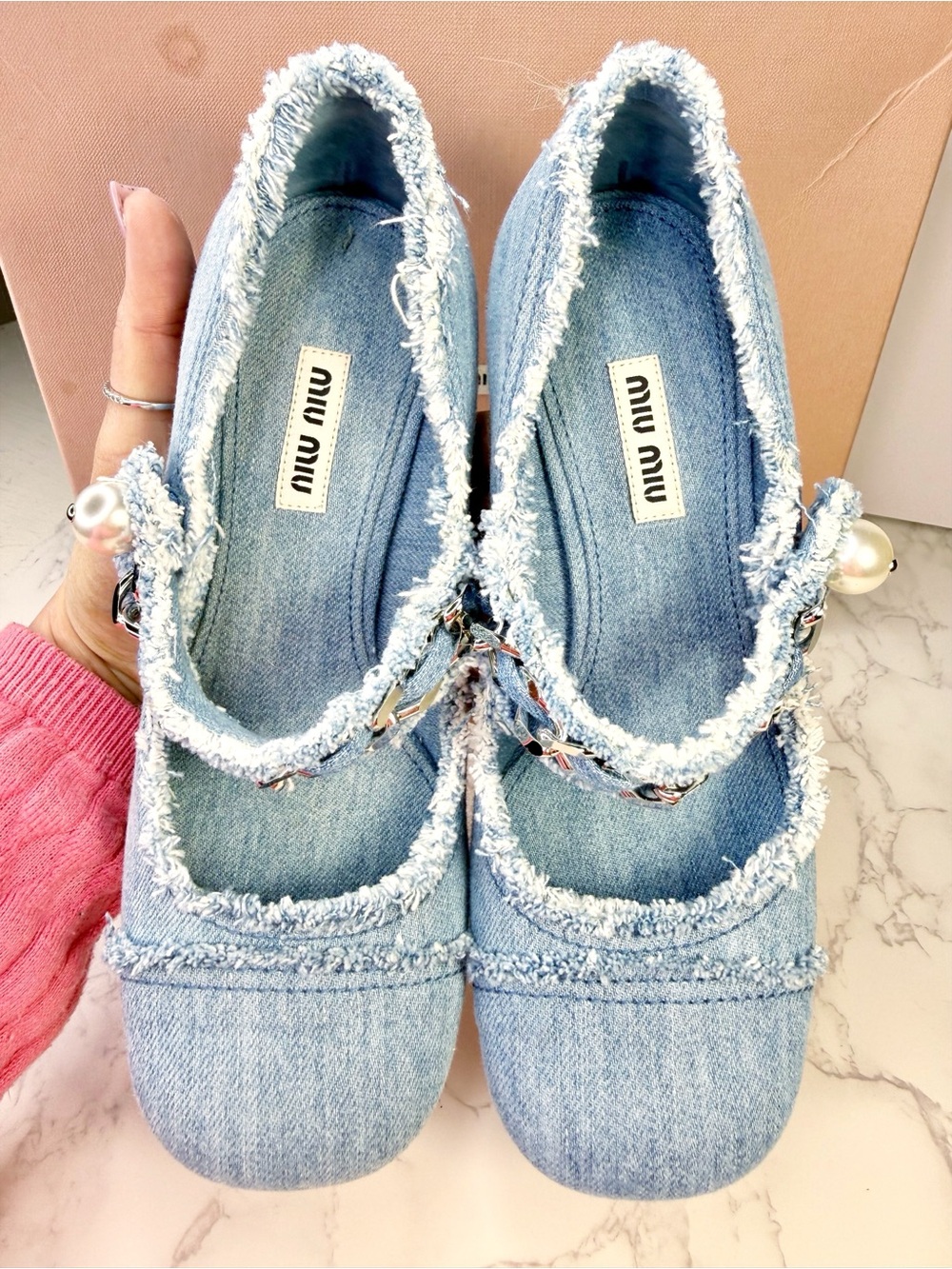 Miu Miu Decollette Denim Mary Jane Block Heels with Pearl Chain - Picture 8 of 15